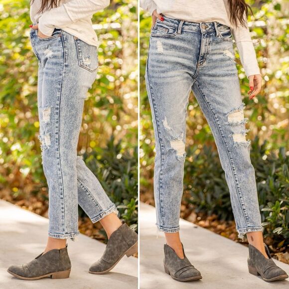 Judy Blue Acid Wash Distressed Boyfriend Jeans Medium Indigo Wash Size 28 | 6/7 - Picture 15 of 15